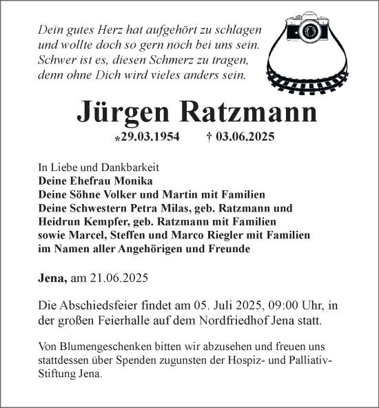 Traueranzeige von Jürgen Ratzmann von Ostthüringer Zeitung, Thüringische Landeszeitung