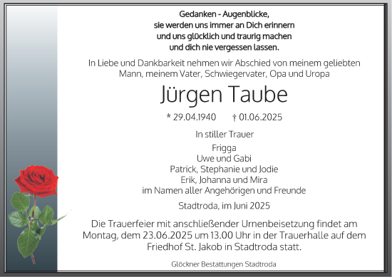 Traueranzeige von Jürgen Taube von Ostthüringer Zeitung, Thüringische Landeszeitung