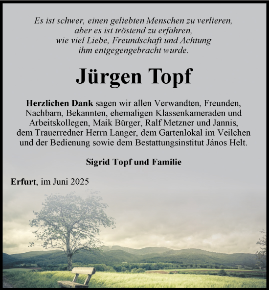 Traueranzeige von Jürgen Topf von Thüringer Allgemeine, Thüringische Landeszeitung