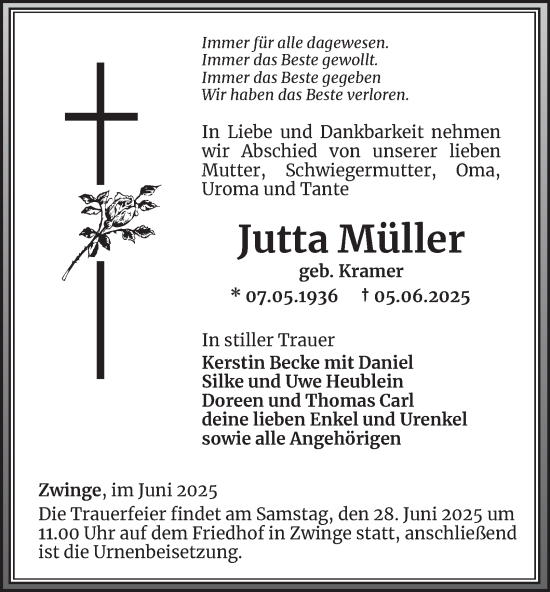 Traueranzeige von Jutta Müller von Thüringer Allgemeine