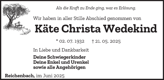 Traueranzeige von Käte Christa Wedekind von Ostthüringer Zeitung