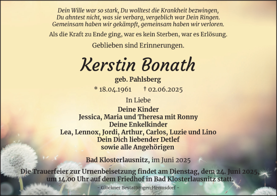 Traueranzeige von Kerstin Bonath von Ostthüringer Zeitung