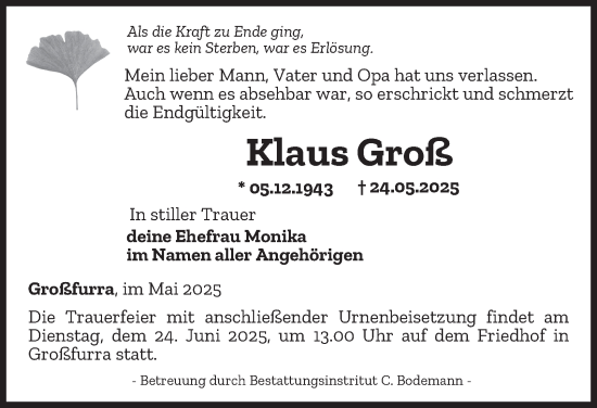 Traueranzeige von Klaus Groß von Thüringer Allgemeine