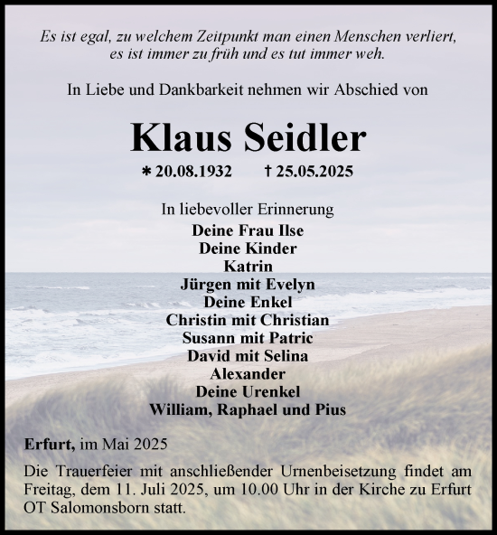 Traueranzeige von Klaus Seidler von Ostthüringer Zeitung