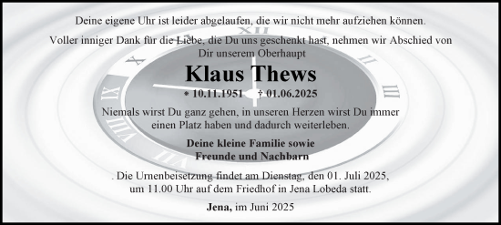 Traueranzeige von Klaus Thews von Ostthüringer Zeitung, Thüringische Landeszeitung