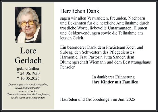 Traueranzeige von Lore Gerlach von Thüringer Allgemeine
