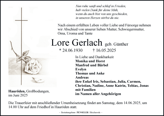 Traueranzeige von Lore Gerlach von Thüringer Allgemeine