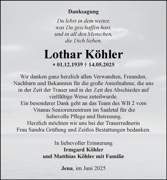Traueranzeige von Lothar Köhler von Ostthüringer Zeitung