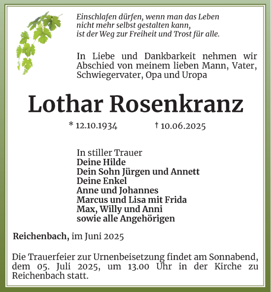Traueranzeige von Lothar Rosenkranz von Ostthüringer Zeitung