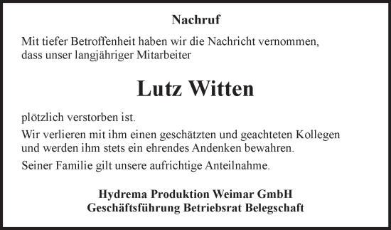 Traueranzeige von Lutz Witten von Thüringer Allgemeine, Thüringische Landeszeitung