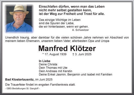 Traueranzeige von Manfred Klötzer von Ostthüringer Zeitung
