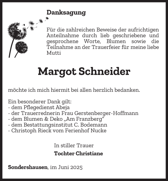 Traueranzeige von Margot Schneider von Thüringer Allgemeine