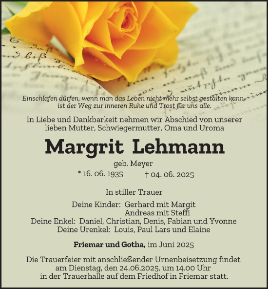 Traueranzeige von Margrit Lehmann von Thüringer Allgemeine, Thüringische Landeszeitung