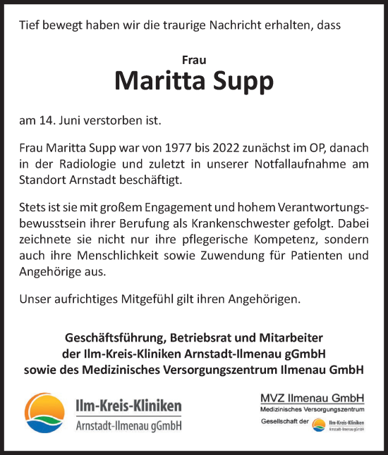 Traueranzeige von Maritta Supp von Thüringer Allgemeine