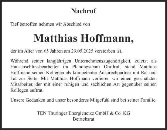 Traueranzeige von Matthias Hoffmann von Thüringer Allgemeine, Thüringische Landeszeitung