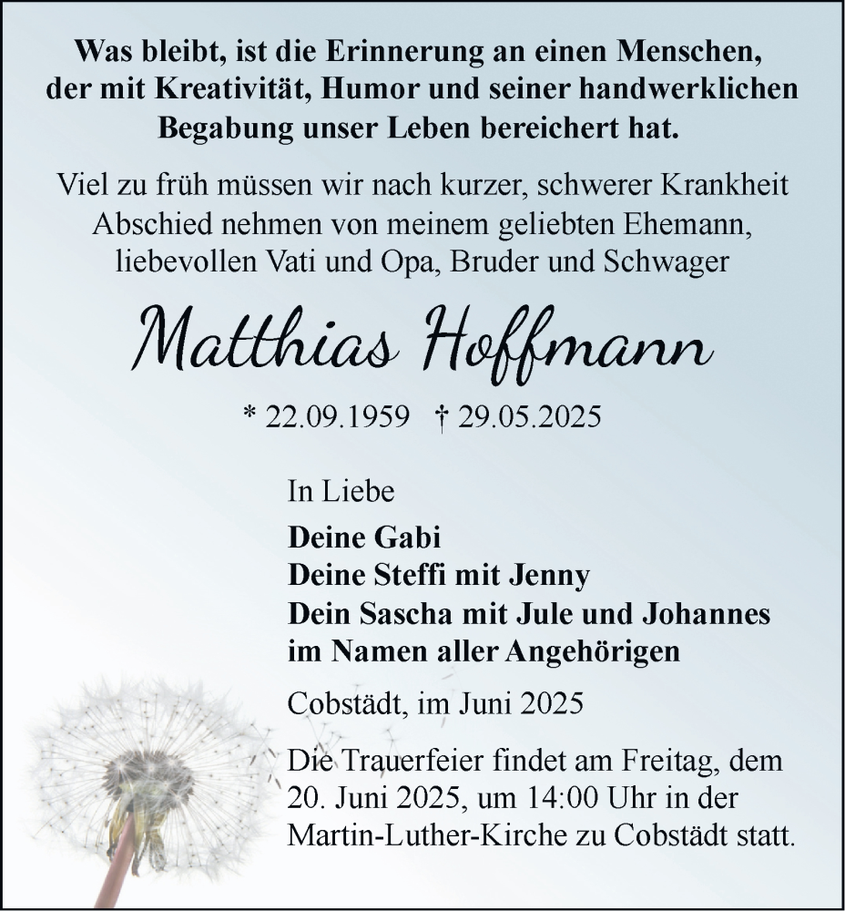  Traueranzeige für Matthias Hoffmann vom 07.06.2025 aus Thüringer Allgemeine, Thüringische Landeszeitung