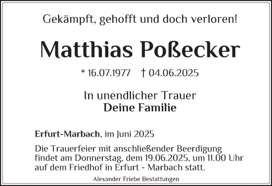 Traueranzeige von Matthias Poßecker von Thüringer Allgemeine, Thüringische Landeszeitung