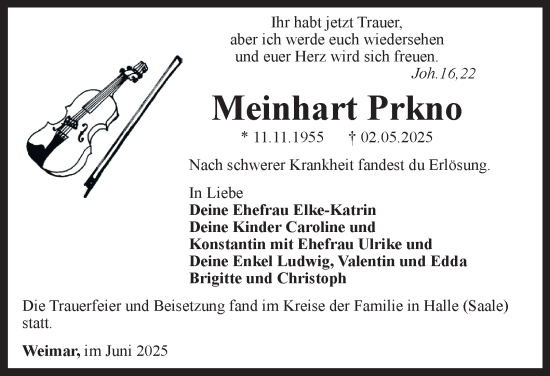 Traueranzeige von Meinhart Prkno von Thüringer Allgemeine, Thüringische Landeszeitung
