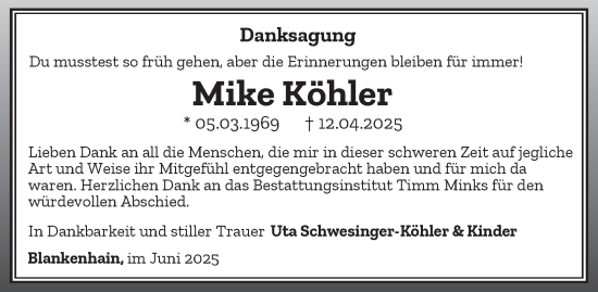 Traueranzeige von Mike Köhler von Thüringer Allgemeine, Thüringische Landeszeitung