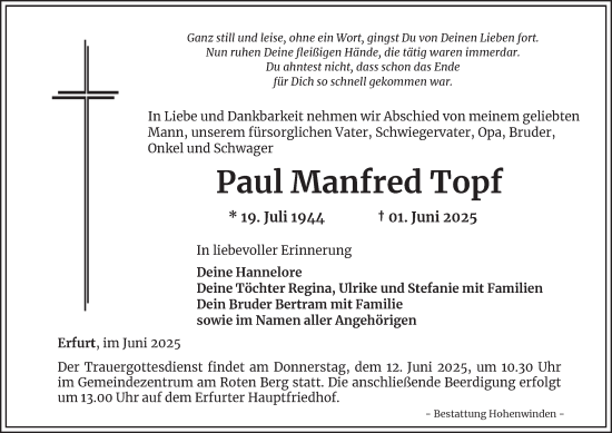 Traueranzeige von Paul Manfred Topf von Thüringer Allgemeine, Thüringische Landeszeitung