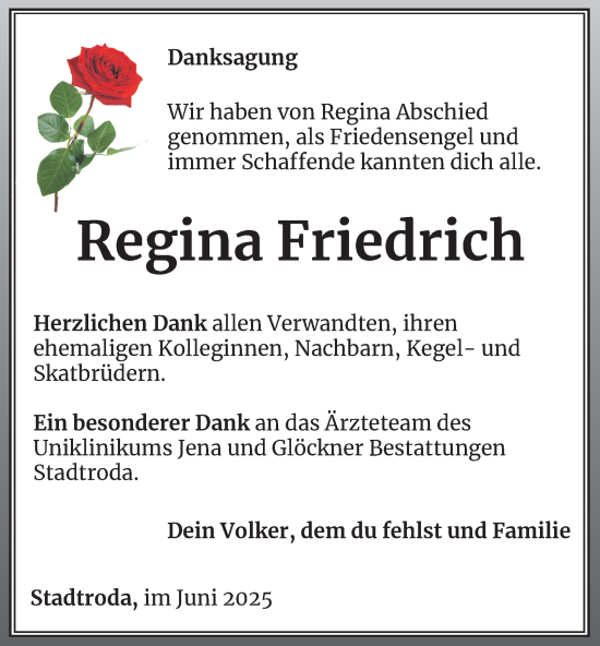 Traueranzeige von Regina Friedrich von Ostthüringer Zeitung, Thüringische Landeszeitung