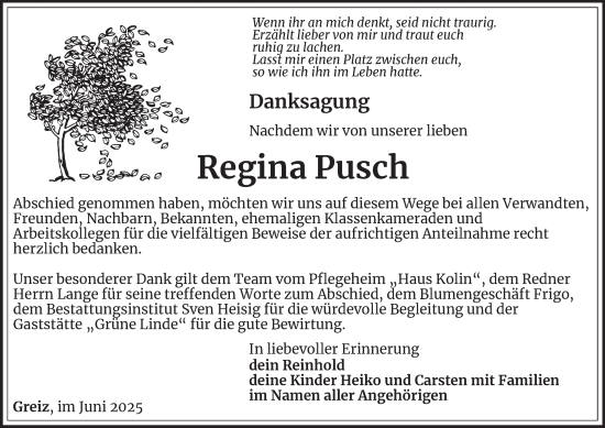 Traueranzeige von Regina Pusch von Ostthüringer Zeitung