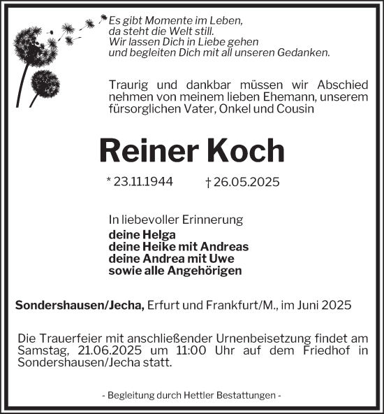 Traueranzeige von Reiner Koch von Thüringer Allgemeine