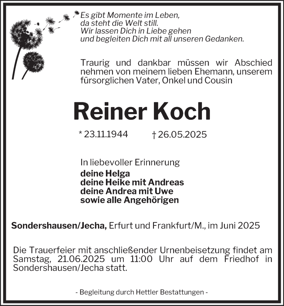 Traueranzeige für Reiner Koch vom 14.06.2025 aus Thüringer Allgemeine