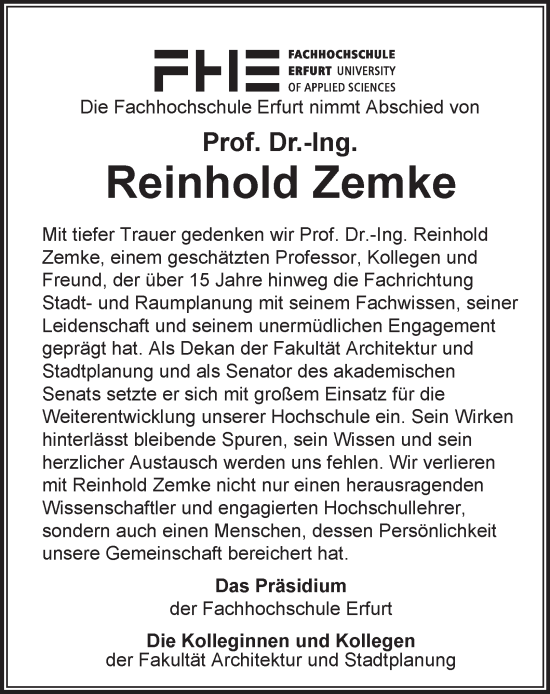 Traueranzeige von Reinhold Zemke von Thüringer Allgemeine, Thüringische Landeszeitung