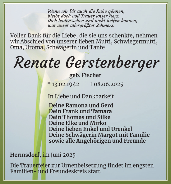 Traueranzeige von Renate Gerstenberger von Ostthüringer Zeitung