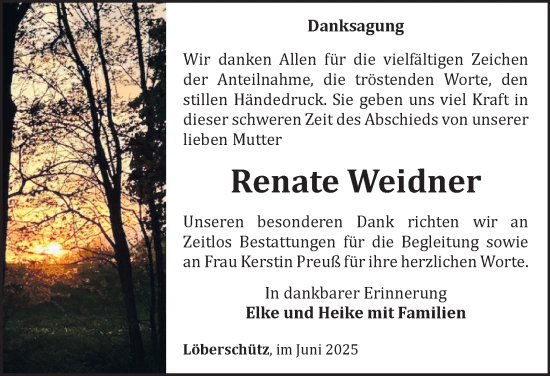 Traueranzeige von Renate Weidner von Ostthüringer Zeitung, Thüringische Landeszeitung