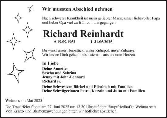 Traueranzeige von Richard Reinhardt von Thüringer Allgemeine, Thüringische Landeszeitung