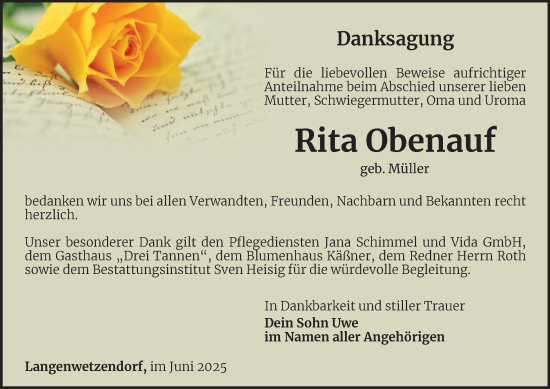 Traueranzeige von Rita Obenauf von Ostthüringer Zeitung