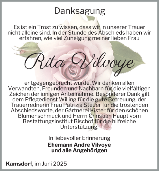 Traueranzeige von Rita Vilvoye von Ostthüringer Zeitung