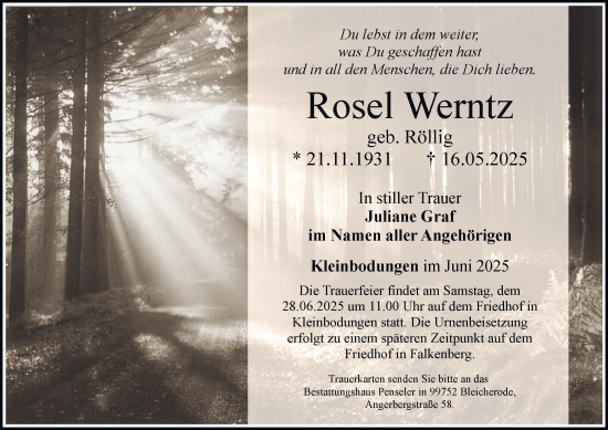 Traueranzeige von Rosel Werntz von Thüringer Allgemeine