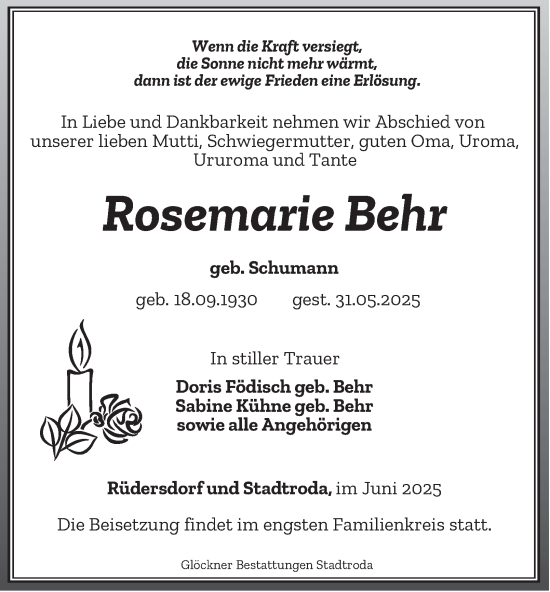 Traueranzeige von Rosemarie Behr von Ostthüringer Zeitung
