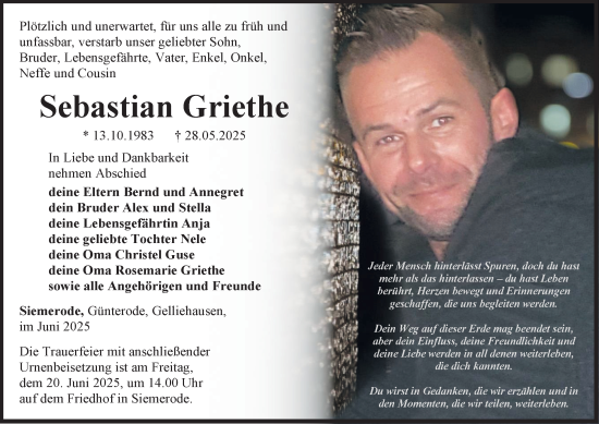 Traueranzeige von Sebastian Griethe von Thüringer Allgemeine