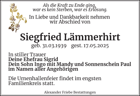 Traueranzeige von Siegfried Lämmerhirt von Thüringer Allgemeine, Thüringische Landeszeitung