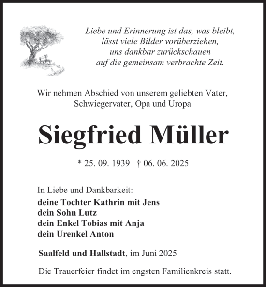 Traueranzeige von Siegfried Müller von Ostthüringer Zeitung