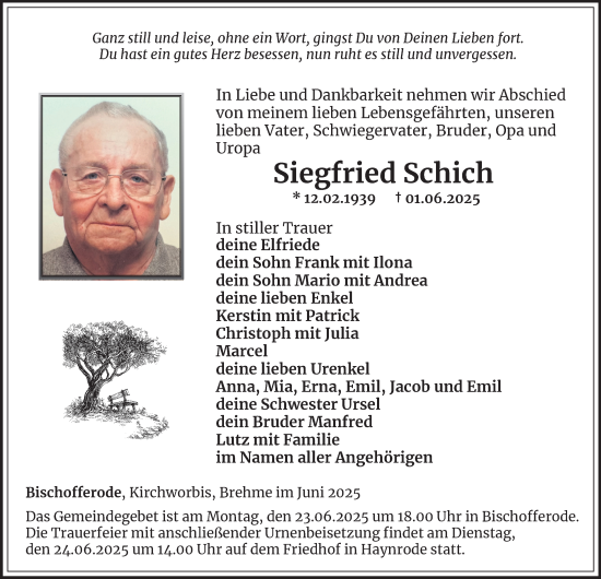 Traueranzeige von Siegfried Schich von Thüringer Allgemeine
