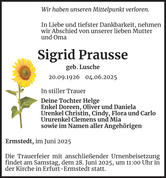 Traueranzeige von Sigrid Prausse von Thüringer Allgemeine, Thüringische Landeszeitung