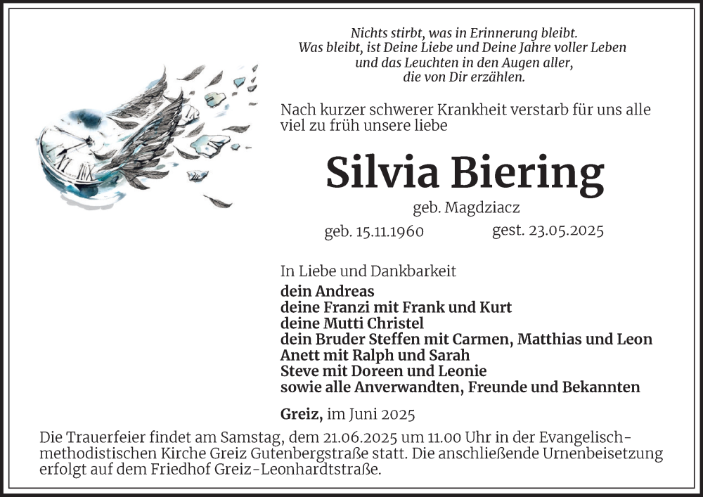  Traueranzeige für Silvia Biering vom 06.06.2025 aus Ostthüringer Zeitung