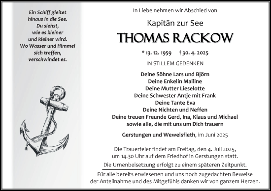 Traueranzeige von Thomas Rackow von Thüringer Allgemeine, Thüringische Landeszeitung