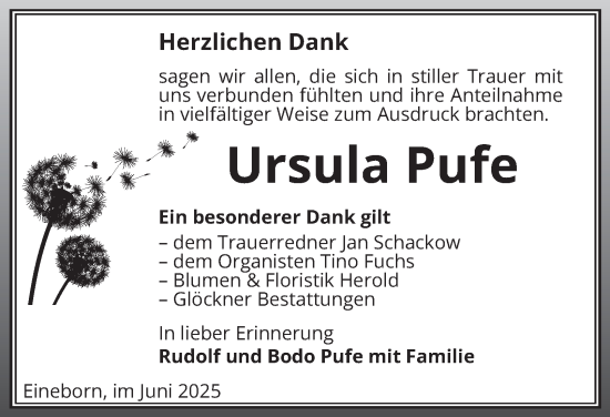 Traueranzeige von Ursula Pufe von Ostthüringer Zeitung
