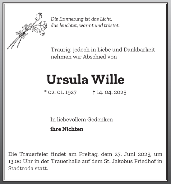 Traueranzeige von Ursula Wille von Ostthüringer Zeitung