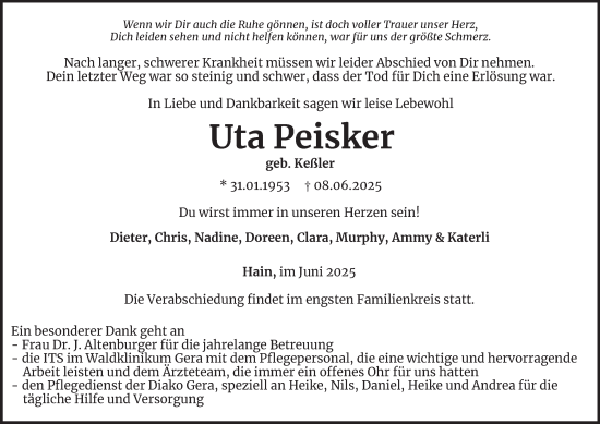 Traueranzeige von Uta Peisker von Ostthüringer Zeitung