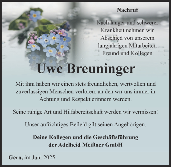 Traueranzeige von Uwe Breuninger von Ostthüringer Zeitung