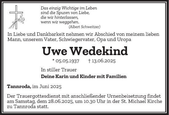 Traueranzeige von Uwe Wedekind von Thüringer Allgemeine, Thüringische Landeszeitung