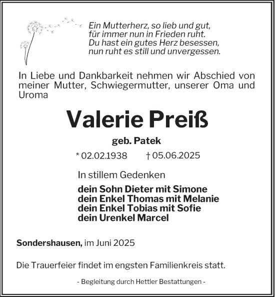 Traueranzeige von Valerie Preiß von Thüringer Allgemeine