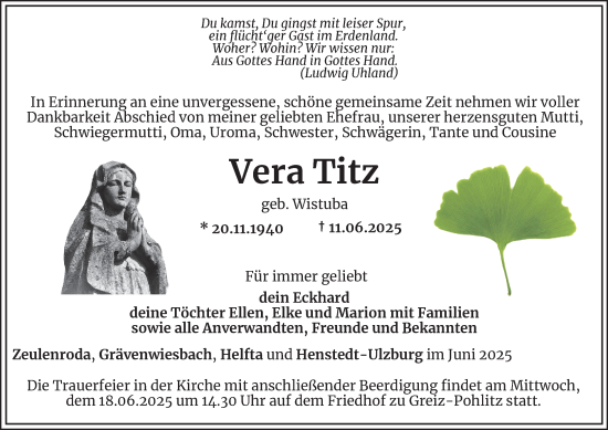 Traueranzeige von Vera Titz von Ostthüringer Zeitung